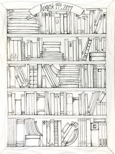 a black and white drawing of bookshelves