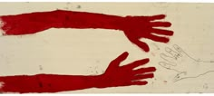 two hands reaching out to each other with red paint on the bottom and white background