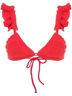 pepper red triangle cup ruffled detailing sleeveless rear tie fastening Be mindful to try on swimwear over your own garments. Red Triangle, Try On, Crochet Bikini, String Bikinis, Ruffles, Fashion Branding, Bra, Red, How To Wear