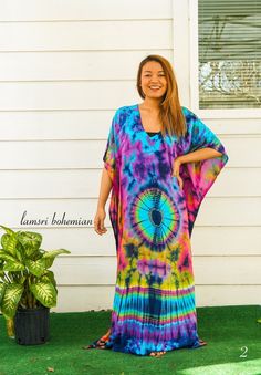 "🌈 Tie Dye Kaftan Dress, Loose Fit Tie Dye Dress, Hippie Tie Dye Kaftan, Tie Dye Clothing, Oversize Kaftan Dress, Tye Dye Caftan Dress Measurement and detail: 👉Fabric: 100% Breathable and Comfy Rayon 👉Method: Hand Dyed 👉Special Feature: Adjustable rope around the waist to tighten the kaftan 👉Size: One Size Fits Most (M-3XL) Extremely comfy 👉Length of Dress: 55\" 👉Width of Dress: 45\" 👉Bust 60\"-80\" 👉The back is identical to front pattern 👉Great Lounging Kaftan ------------------------ Multicolor Batik Print Free Size Maxi Dress, Multicolor Batik Print Maxi Dress In Free Size, Bohemian Tie Dye Beach Dress Cover-up, Bohemian Hand Dyed Maxi Dress For Festivals, Bohemian Colorful Beach Dress Cover-up, Colorful Bohemian Beach Dress Cover-up, Multicolor Bohemian Maxi Length Cover-up, Bohemian Multicolor Maxi Length Cover-up, Colorful Bohemian Beach Dress As Cover-up