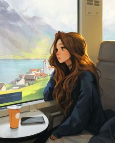 a painting of a woman sitting on a train looking out the window