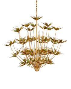 a gold chandelier with flowers and leaves hanging from it's centerpiece