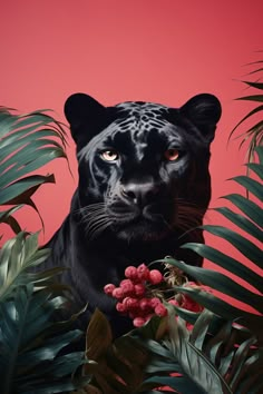 a black leopard with blue eyes surrounded by tropical plants and red sky in the background