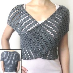 a woman is wearing a gray crochet top with white trims and has her hands on her hips