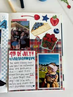 an open scrapbook with pictures and writing on it