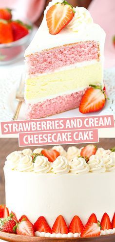 two different types of cake with strawberries and cream cheesecake on the top one