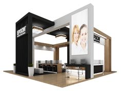 a white and black trade show booth with two women