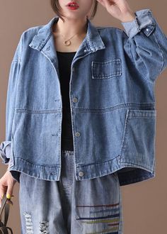 Women stand collar fine casual coats denim blue coats - SooLinen Mode Mantel, Short Coats Women, Stand Collar Top, Denim Ideas, Women Overcoat, Oversized Dress, Blue Coats, Woman Standing, Casual Coat