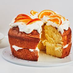 a cake that has been cut in half on a plate