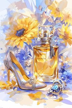 a painting of a pair of high heel shoes next to a perfume bottle and sunflowers