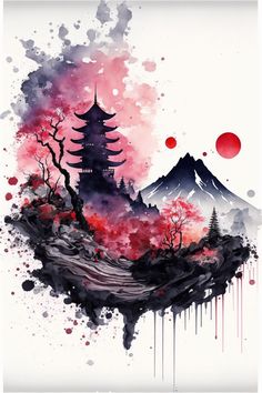 an artistic painting with watercolors and ink on paper, depicting a pagoda in the background