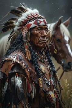 a native american man standing next to a brown horse in the rain with feathers on his head