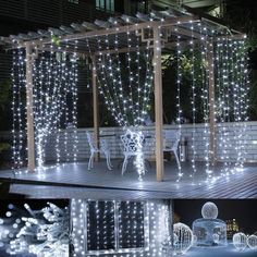 an outdoor gazebo covered in lights with the words home and garden essentials