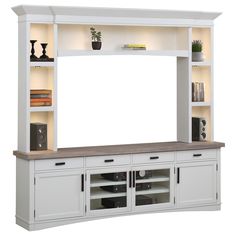 a white entertainment center with shelves and lights on the top, along with bookshelves