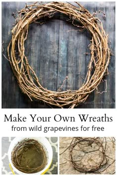 the steps to make a grapevine wreath with instructions for how to make your own wreaths from wild grapes for free