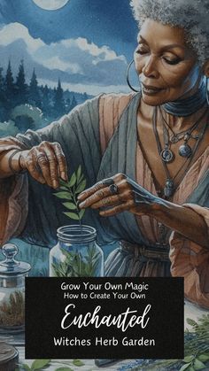 an older woman holding a plant in her hand and looking at it with the caption, grow your own magic how to create your own enchanted witches herb garden