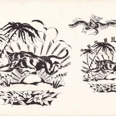 two black and white drawings of animals in the jungle with palm trees on either side