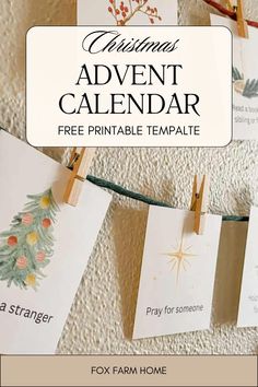 christmas printable calendar with clothes pins hanging from the clothes line and text overlay