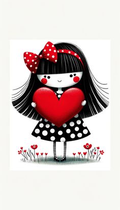 a girl holding a heart in her hands with red polka dots on the head and black hair