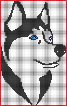 a husky dog with blue eyes is shown in the cross stitch pattern, and has a red border around it