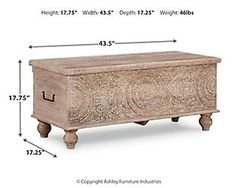 a wooden chest with carvings on the front and sides, measurements for each drawer height