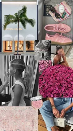 a collage of photos with pink shoes and palm trees in black and white colors