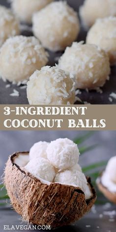 coconut balls with coconut seeds in them and the words 3 ingredient coconut balls