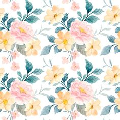 watercolor flowers and leaves on a white background seamless wallpaper pattern stock photo