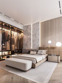 a bedroom with marble walls and wooden flooring