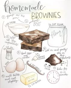 the ingredients for homemade brownies are shown in this hand - drawn illustration, including flour, butter, sugar and eggs