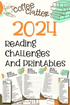 the book cover for reading challenges and printables is shown in orange, white and blue