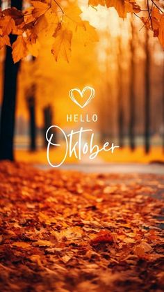 the words hello october are written in white on an autumn background with leaves and trees