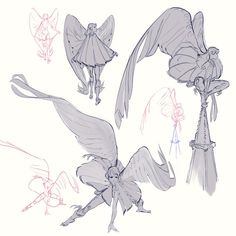 some sketches of different types of wings and poses for the character in this video game