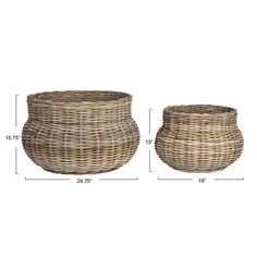 two wicker baskets sitting side by side on a white background with measurements for each basket