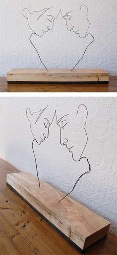 two pictures of the same man and woman, one is made out of wooden planks