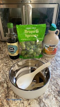 ingredients to make brussels sprouts in front of the microwave