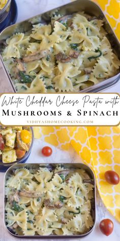 two pans filled with mushroom and spinach pasta on top of a yellow towel