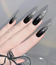 Black And Silver Goth Nails, Long Black Stilleto Nails Design, Goth Stilleto Nails Designs, Nail Designs Long Black, New Year Nails Design 2024 Black, Goth New Years Nails, Pointed Acrylic Nail Designs, Black Nails Acrylic Stilettos, Gothic Nails Designs