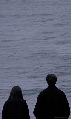 two people looking out at the ocean on a gloomy day with an airplane in the sky