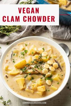 a bowl of vegan clam chowder with potatoes and parsley on the side