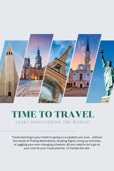 the travel brochure is shown with images of different places and buildings in it