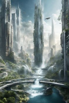 an artist's rendering of a futuristic city in the sky with waterfalls and bridges