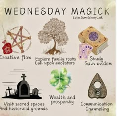 a poster with some different things on it's back side and the words wednesday magick written below