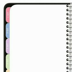 a spiral bound notebook with colored stickers on the front and bottom pages, lined in black