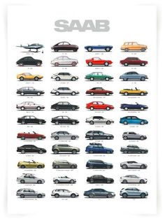 an image of cars that are in different colors and sizes on a white background with the words saab above them