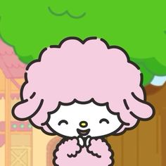 a cartoon character with pink hair standing in front of a green leafy tree and building