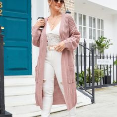 Dusty Pink Casual  Long Sleeve Acrylic Plain Cardigan  Slight Stretch Spring/Fall Plus Size Knitwear Dusty Pink Style, Cardigan Rosa, Plain Cardigan, Cardigan Plus Size, Longline Cardigan, Plus Size Cardigans, Cardigan Outfits, Cardigan Long, Pink Jacket