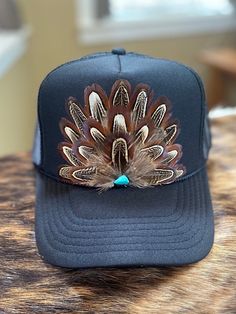 Beautiful pheasant feathered trucker hat in  BLACK.  Handmade embellishment on a 5 Panel, foam front Trucker Hat. Country Concerts Western Attire Rodeos Girls night out Boho cowgirl indie Stagecoach Outfit summer hat Beach hat Western Hats With Feathers For Ranch, Western Ranch Hats With Feathers, Western Black Hat With Feathers, Feathered Felt Hat With Flat Brim For Western-themed Events, Western-themed Felt Hat With Feathers, Stagecoach Outfit, Country Craft Ideas, Rodeo Girls, Summer Hats Beach