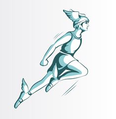 a drawing of a woman running in the air