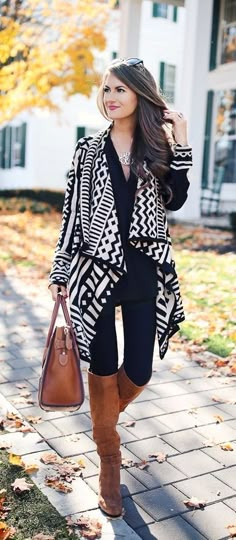 Aztec cardigan cute fall outfit All Black With Brown Boots, Black Dress With Leggings Outfit, Black Leggings Brown Boots Outfit, Drape Cardigan Outfit, Black And White Cardigan Outfit, Black And White Sweater Outfit, Brown Boots Outfit Winter, Dress With Brown Boots, Fall Clothes Aesthetic